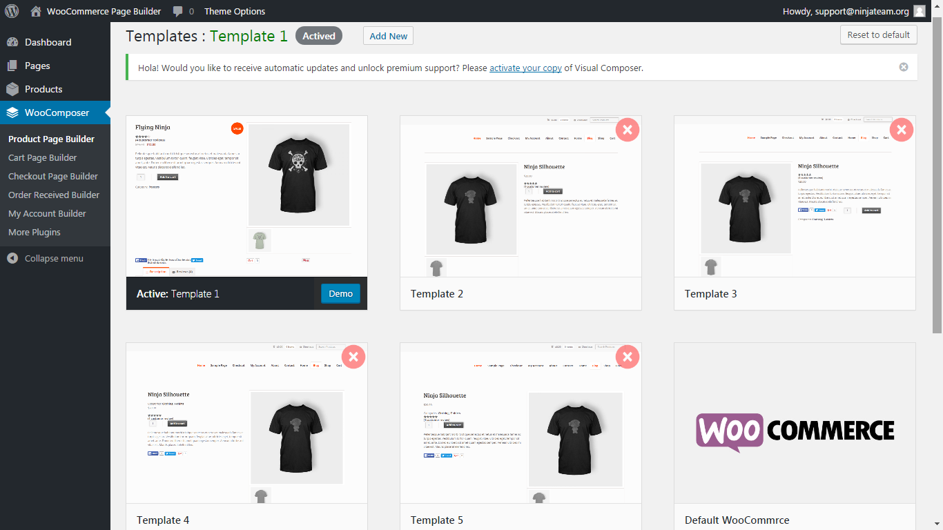A WordPress website back end showing the WooCommerce page template