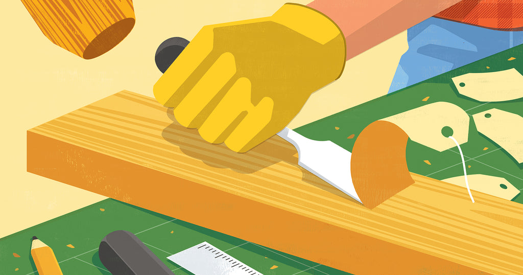 Illustration of someone on a woodworking project carving and chiseling and the chips of wood are in the shape of product price tags