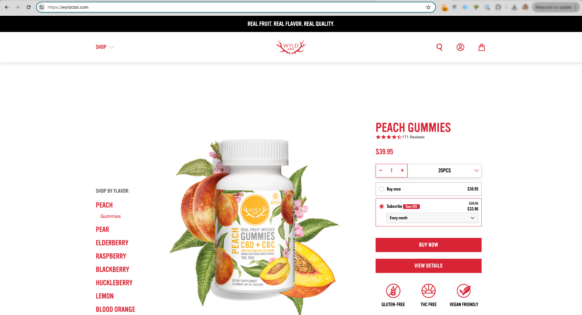 Product page with high-resolution image of peach flavor CBD gummies before an illustration of peaches.