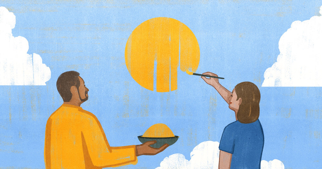 Illustration of Jaz Fenton and Jamil Bhuya painting a sun together using turmeric as a natural paint.