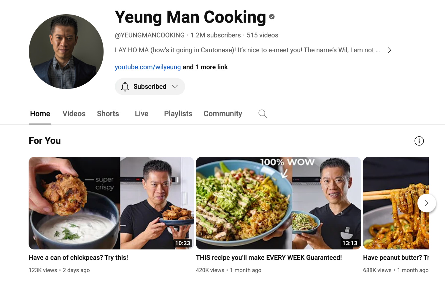 Screengrab of a YouTube channel for Wil Yeung