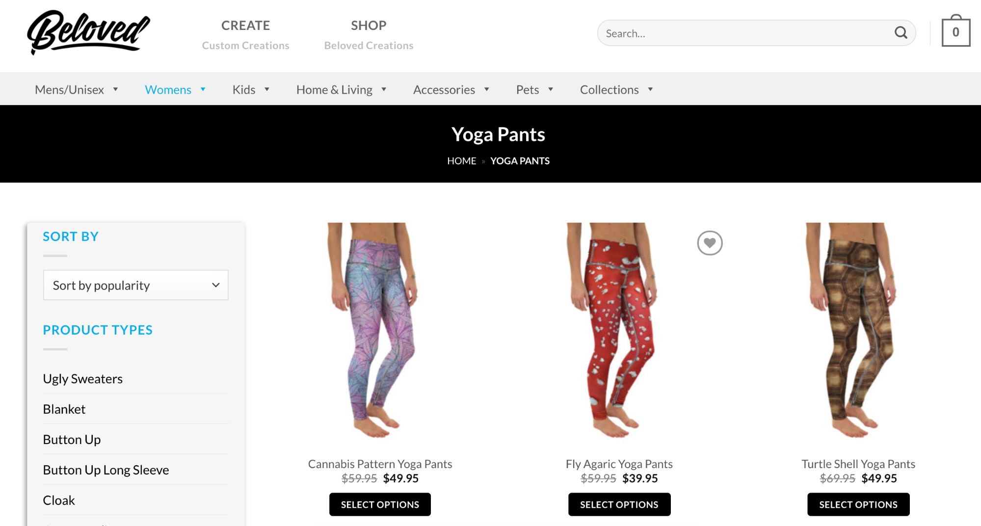 a product catalog page showing yoga pants with vivid all-over prints.