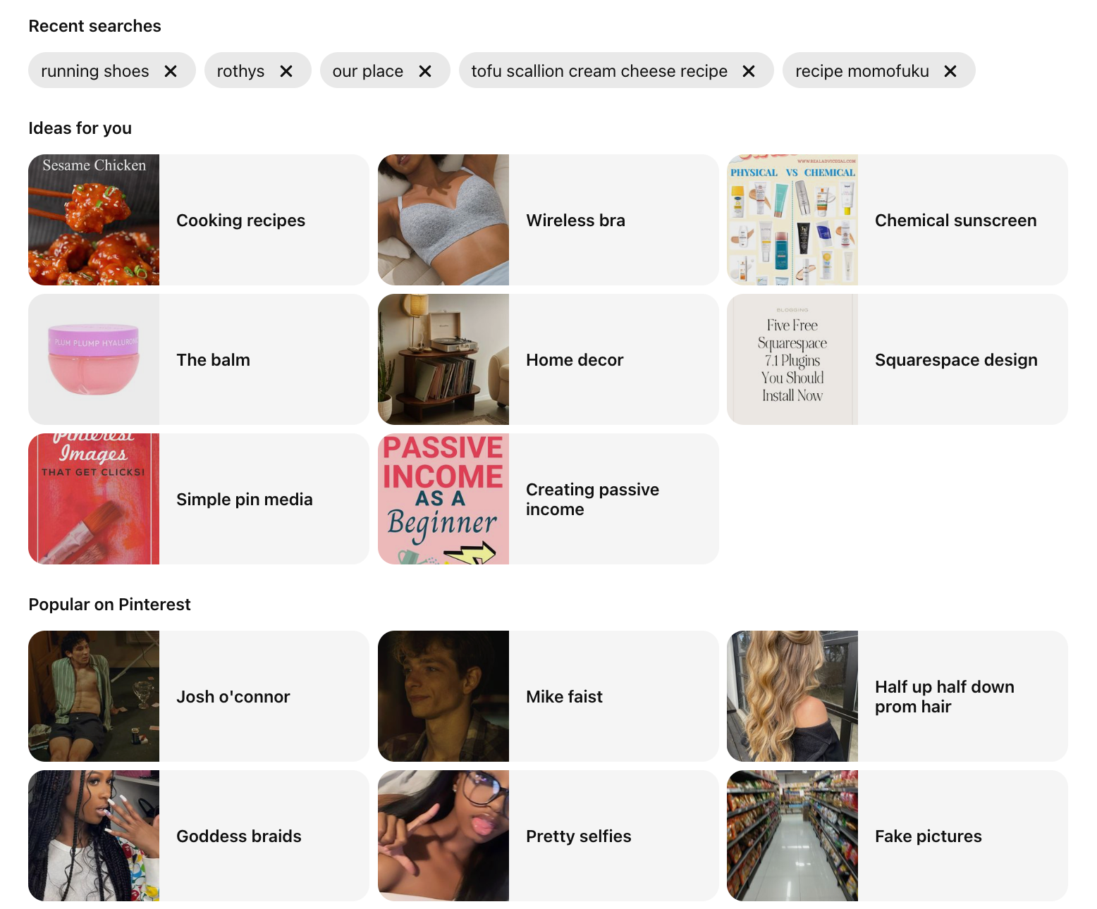 Pinterest search interface show standard pin categories