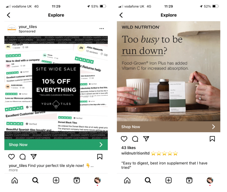 Instagram ads from Your Tiles and Wild Nutrition include customer reviews and star ratings.