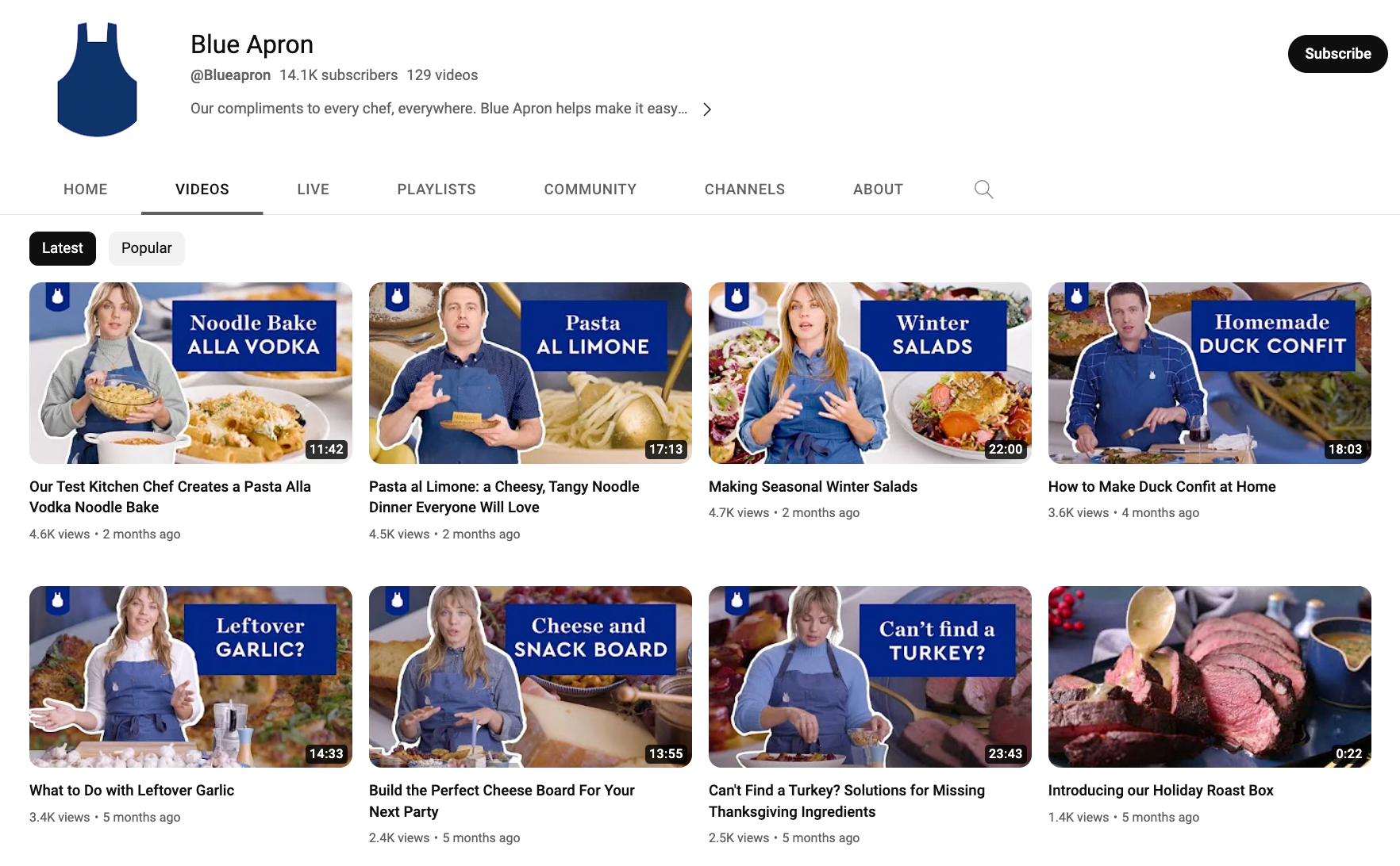 Screenshot of Blue Apron’s YouTube channel showing its latest videos.
