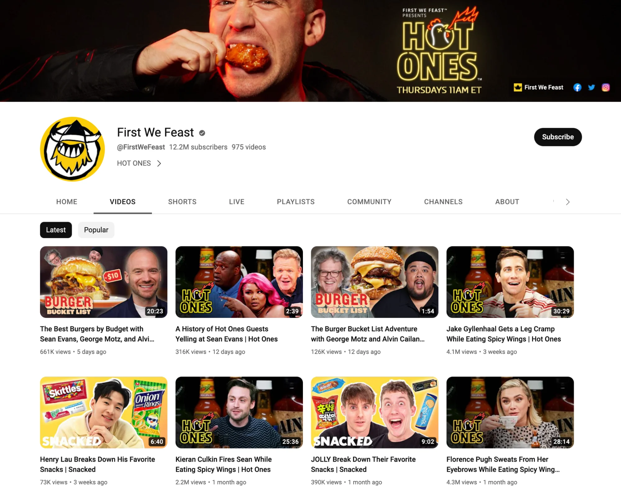 First We Feast YouTube homepage with various shows and episodes