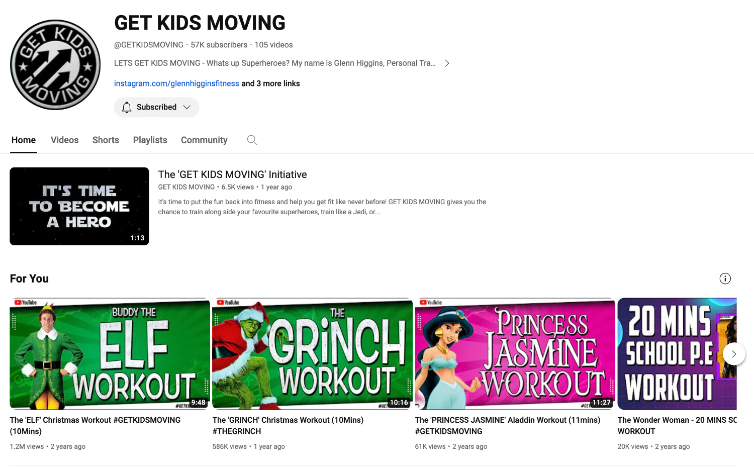 Screengrab of a YouTube channel for Get Kids Moving