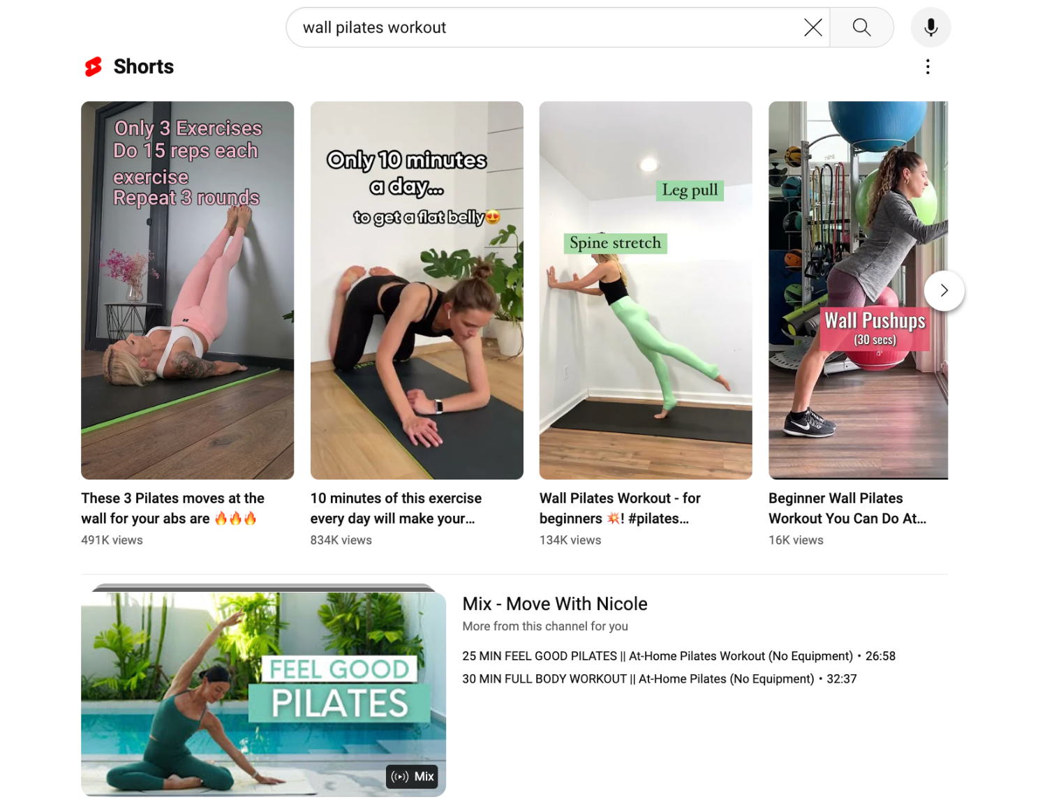 Screengrab of a YouTube search results page for pilates exercises