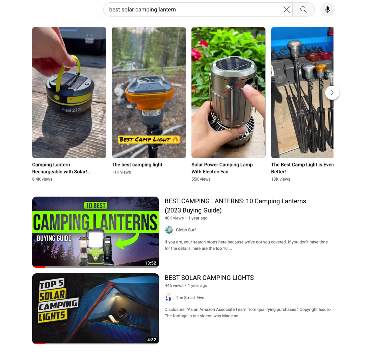 Screengrab of a YouTube search results page for camping lanterns