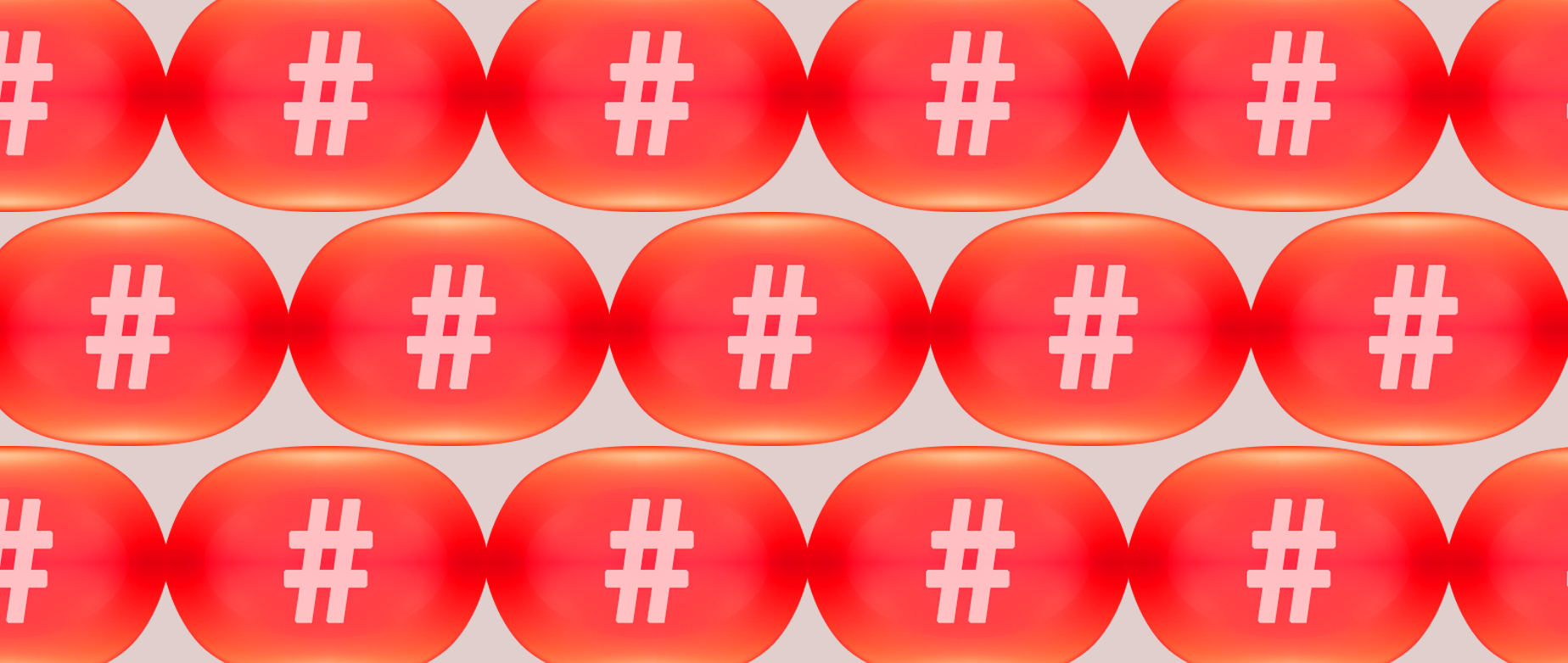 Three rows of repeating red rounded rectangles with white hashtags within them