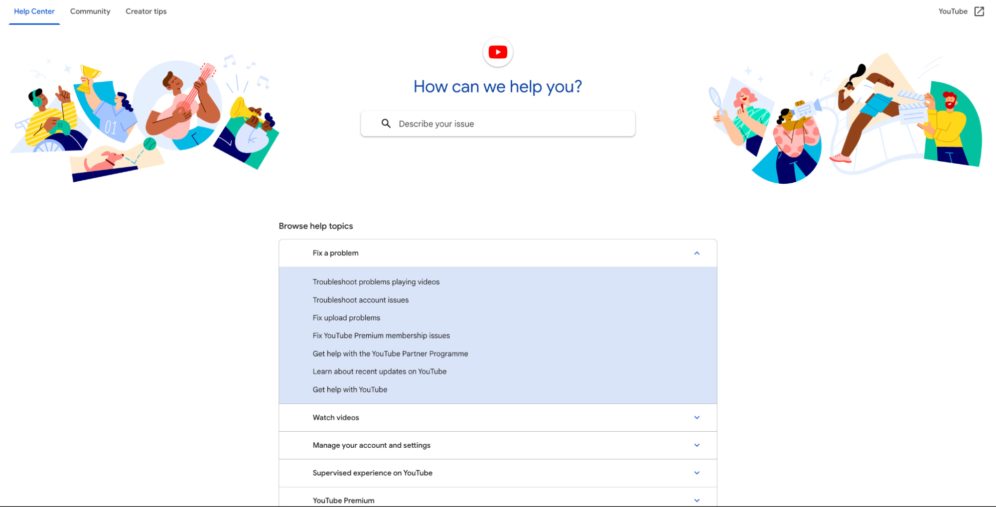 YouTube FAQ page with dropdown help menu, search bar, and illustrations of people creating videos.