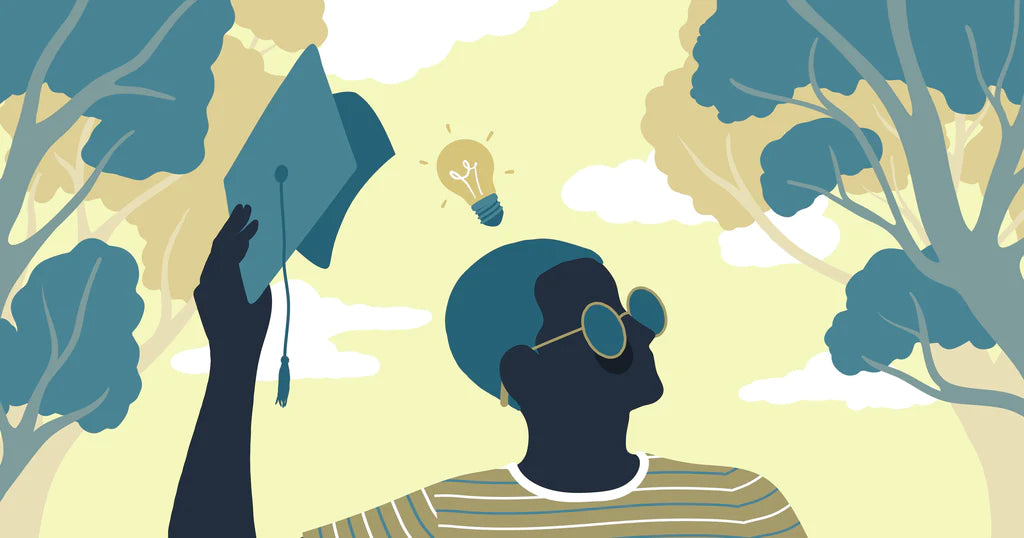 Illustration of a person lifting a graduation cap and an idea lightbulb is revealed underneath