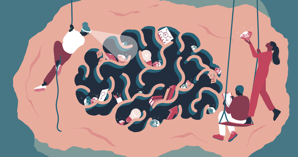 Illustration of people spelunking in a cave shaped like a human brain full of little treasures