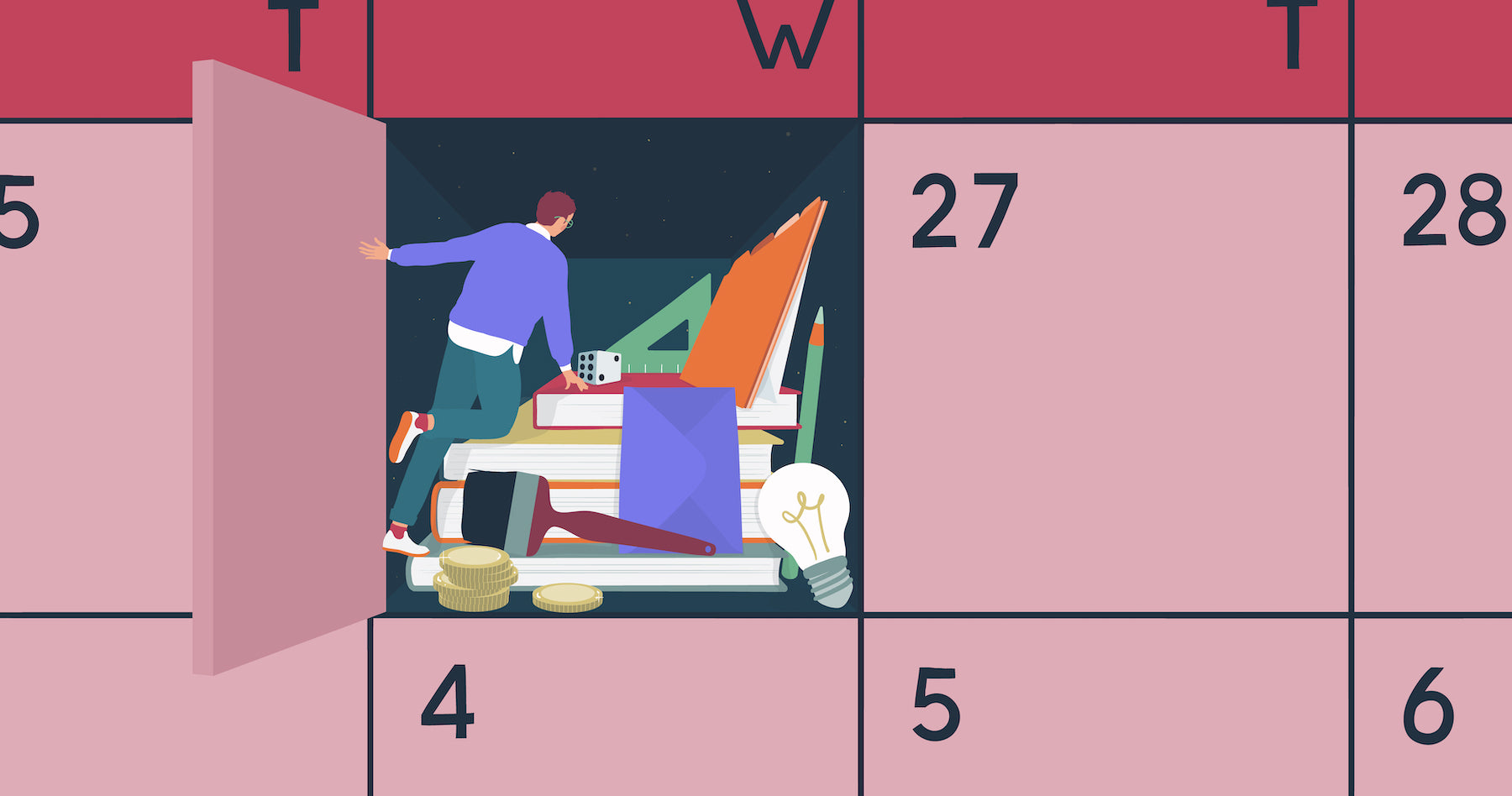 Illustration of a man peering into a calendar to find books and tools to inform him of his horoscope