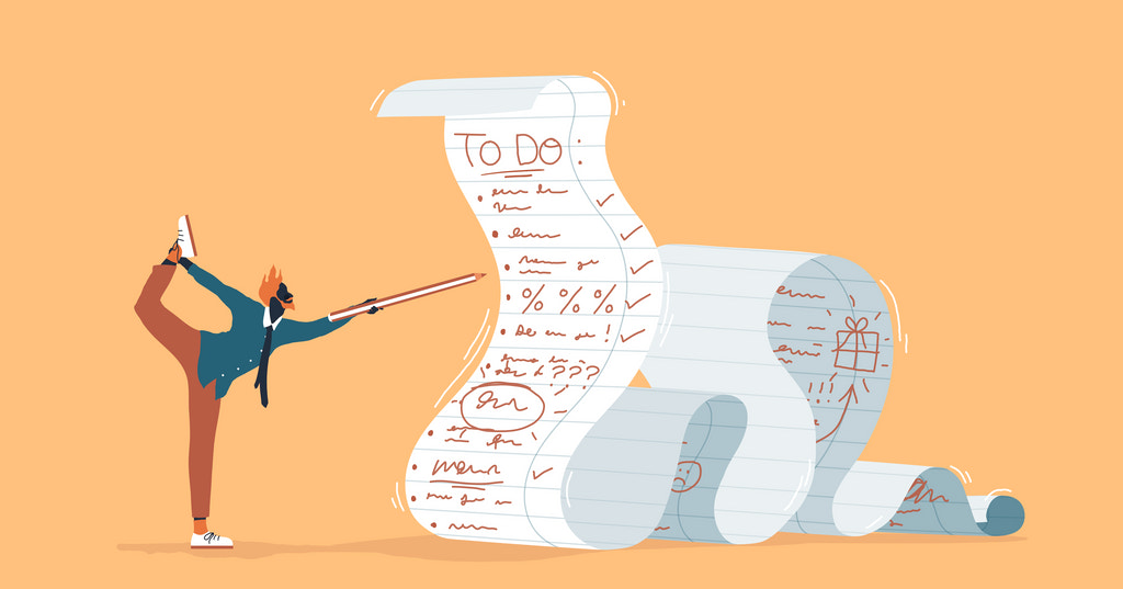 Illustration of a person checking to-dos off an oversized checklist while doing a yoga pose
