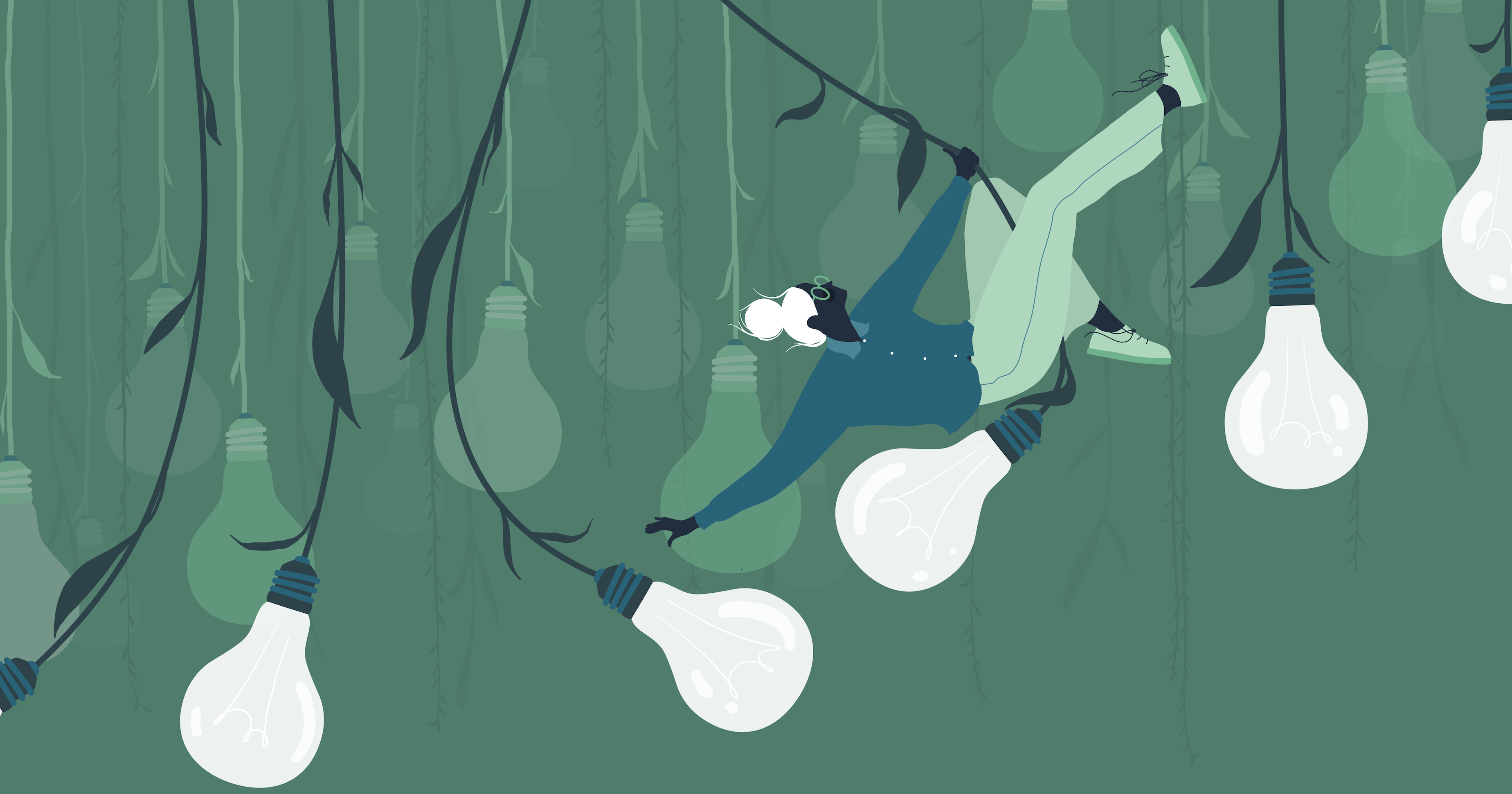 Illustration of a woman swinging from lightbulb cords that resemble vines, signifying elements of inspiration