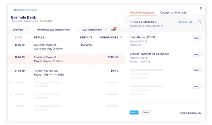 Example of banking dashboard in Zoho Books.