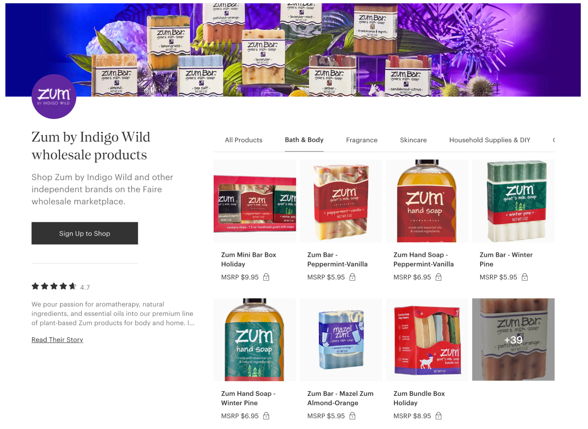 Screenshot of Zum’s wholesale profile page on Faire