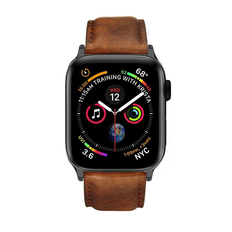 space grey apple watch with brown leather band