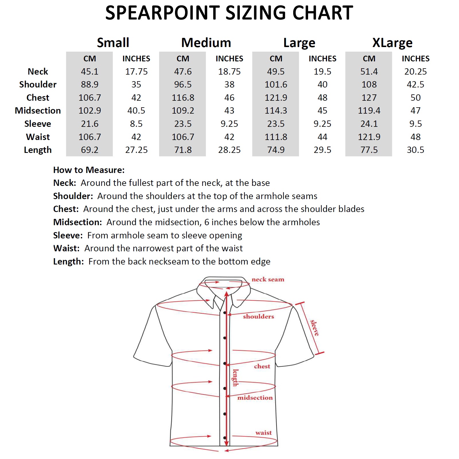 Short Sleeve Button Down Shirt Sizing Chart