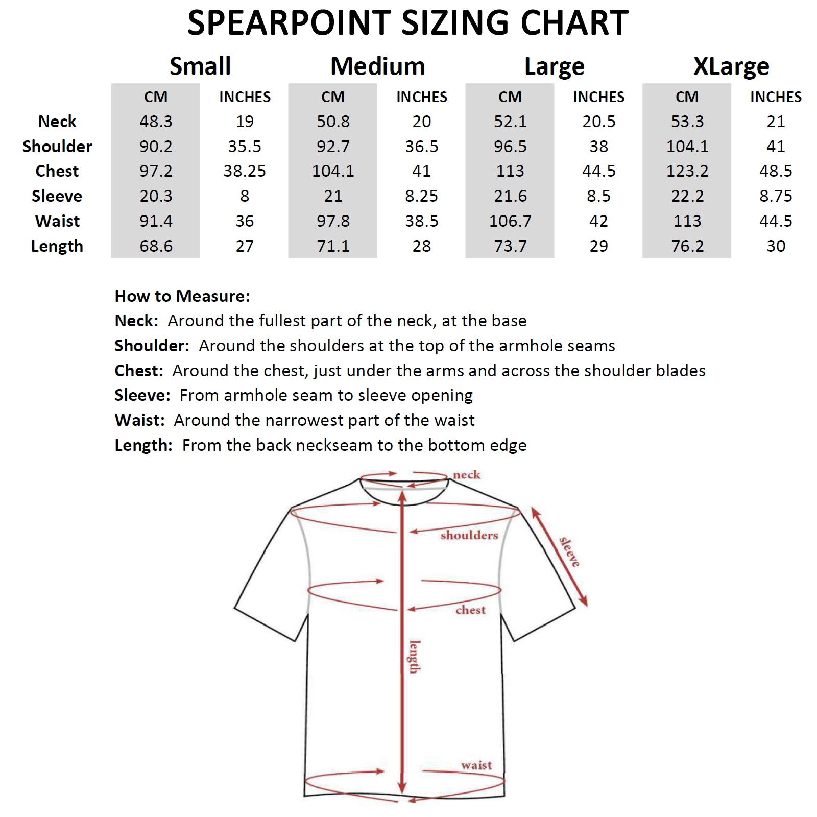 Short Sleeve Crew Shirt Sizing Chart