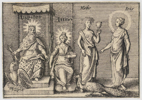 17th century depiction of Greek Mythology. Jupiter, Juno, Hebe and Iris.
