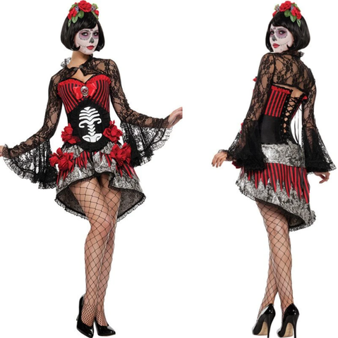Day of the dead red skeleton sugar skull woman's costume