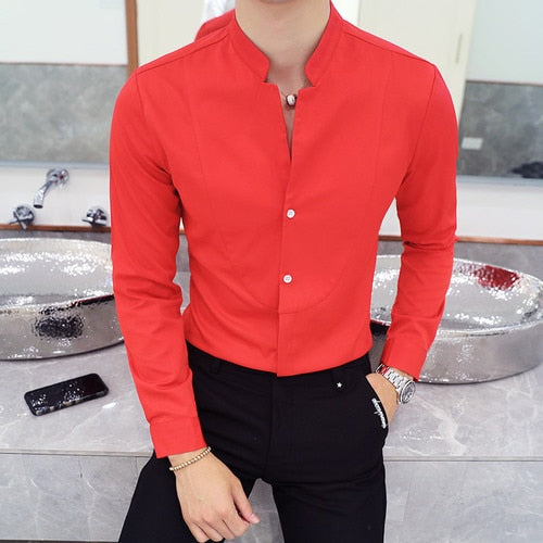 Fall Winter Stand Collar Mens Long Sleeved Dress Shirts Black Red