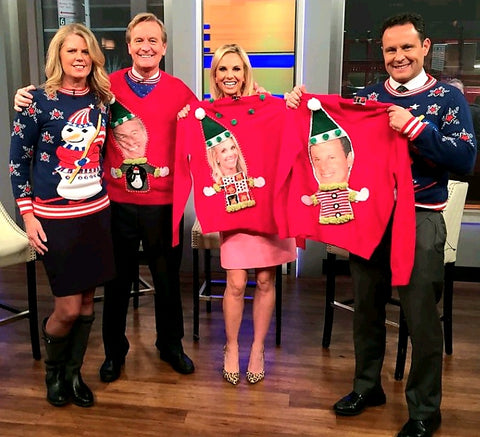 Anne Marie Blackman with Fox and Friends hosts and custom ugly Christmas sweaters