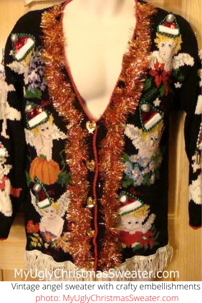 retro angel christmas sweater with crafty santa hats garland and trimming
