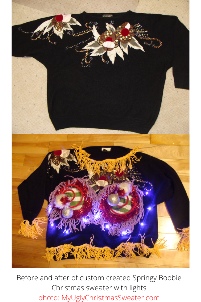 before and after diy ugly christmas sweater with lights