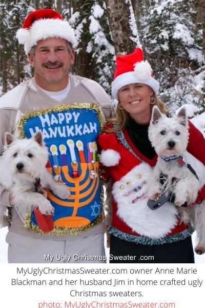 couples christmas sweater christmas card with hanukkah and santa sweaters
