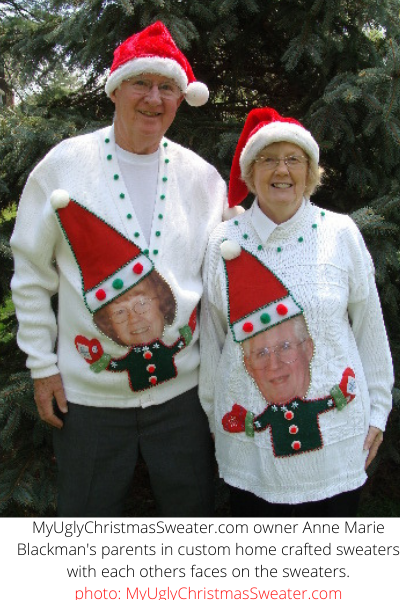 custom christmas sweaters for couples with faces and santa hats