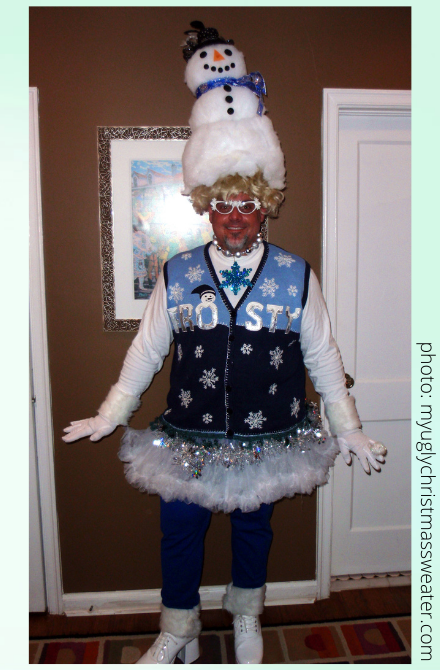 ugly christmas sweater contest winning frosty sweater with headpiece