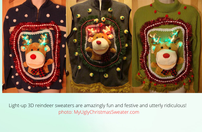 light up reindeer christmas sweaters with 3d stuffed reindeer