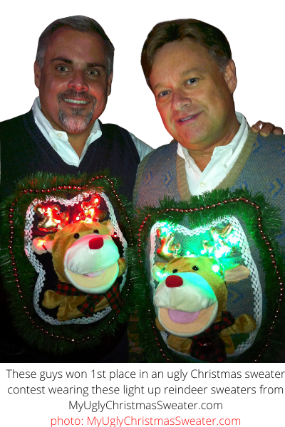 contest winning christmas sweaters matching reindeer with lights