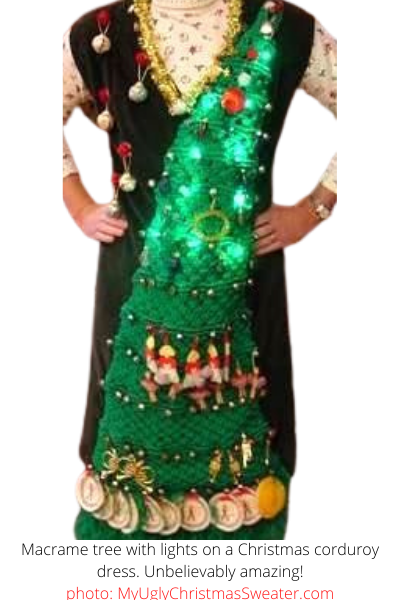 ugly christmas sweater dress with 1970s macrame tree and lights contest winner