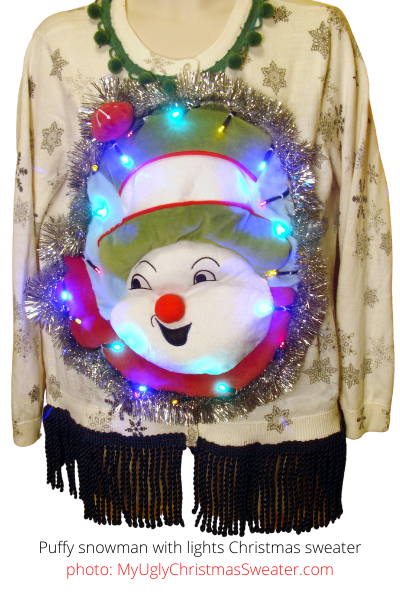 puffy snowman christmas sweater with lights contest winner