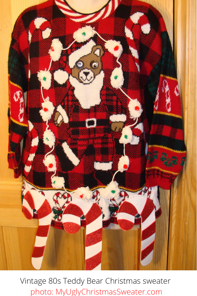 teddy bear vintage christmas sweater with dollar store decorations