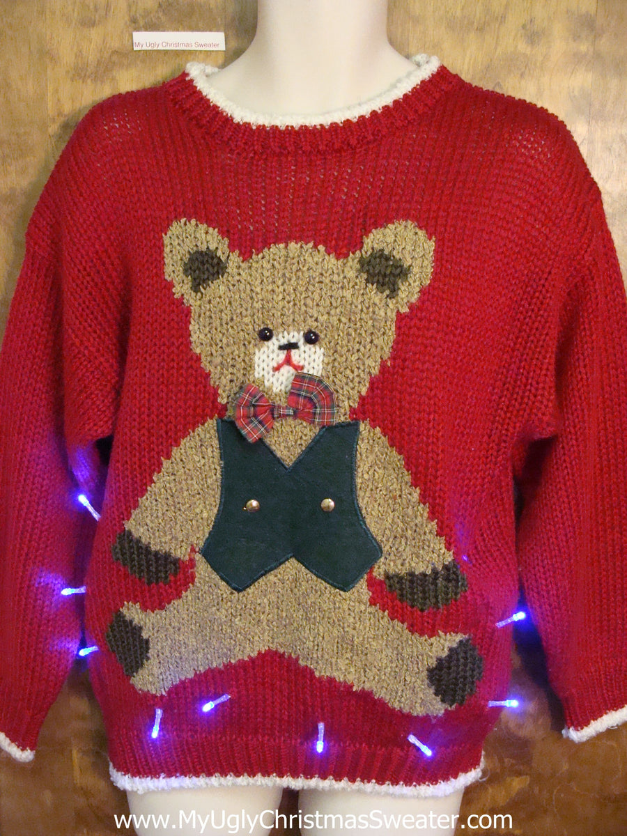 Cute Teddy Bear Ugly Christmas Sweater with Lights – My Ugly Christmas ...