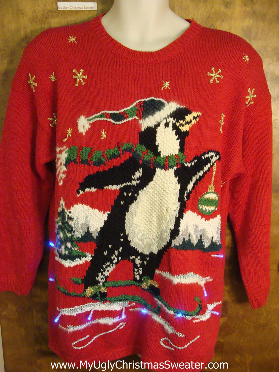 BEST 80s Skiing Penguin Light Up Ugly Xmas Sweater – My Ugly Christmas ...