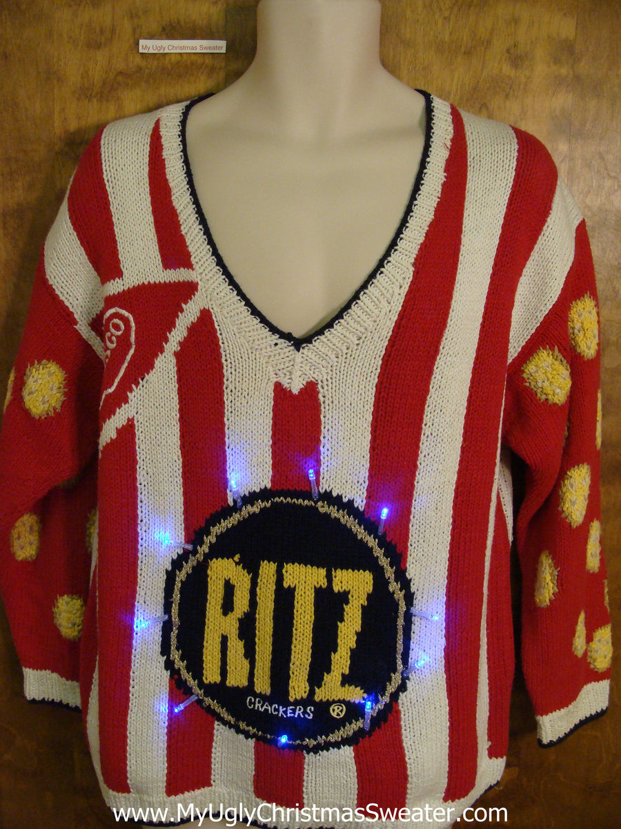 Ritz Cracker Striped Red 80s Light Up Ugly Xmas Sweater – My Ugly ...