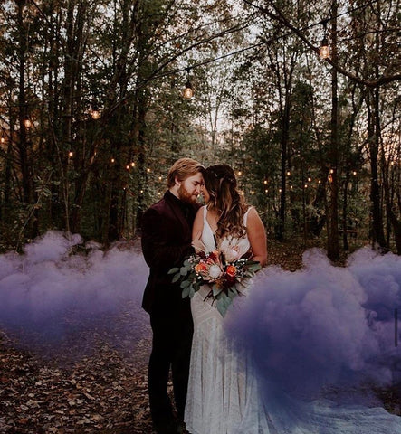 Wedding Smoke Bomb Photography Photo Purple smoke around wedding couple