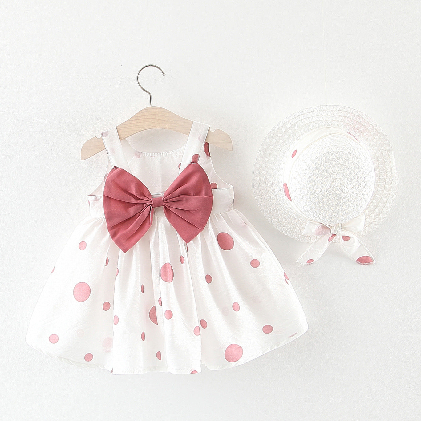 Summer Girls Dot Strap Dress Baby Sleeveless Princess Dress Beach Skirt Free Hat