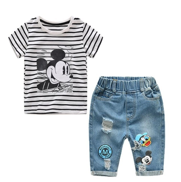 Infant Boys Girls Summer Cartoon Striped T Shirt + Denim Shorts Clothes 2pcs Sets Children Kids Hole