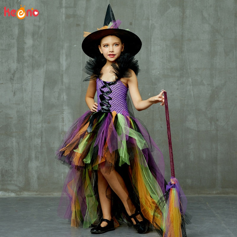 Girls Halloween Witch Tutu Dress Rainbow Trailing Tulle Kids Carnival Cosplay Party Dress Children F