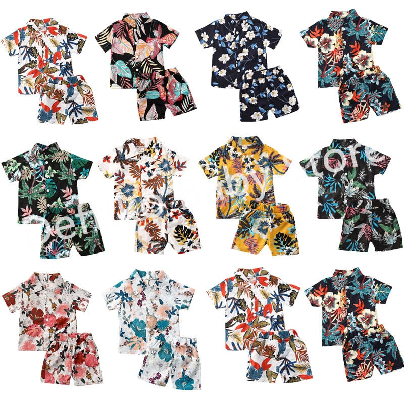 1-6Y Summer Infant Baby Boys Clothes Sets 10 Colors Floral Print Short Sleeve T Shirts Tops+Shorts H