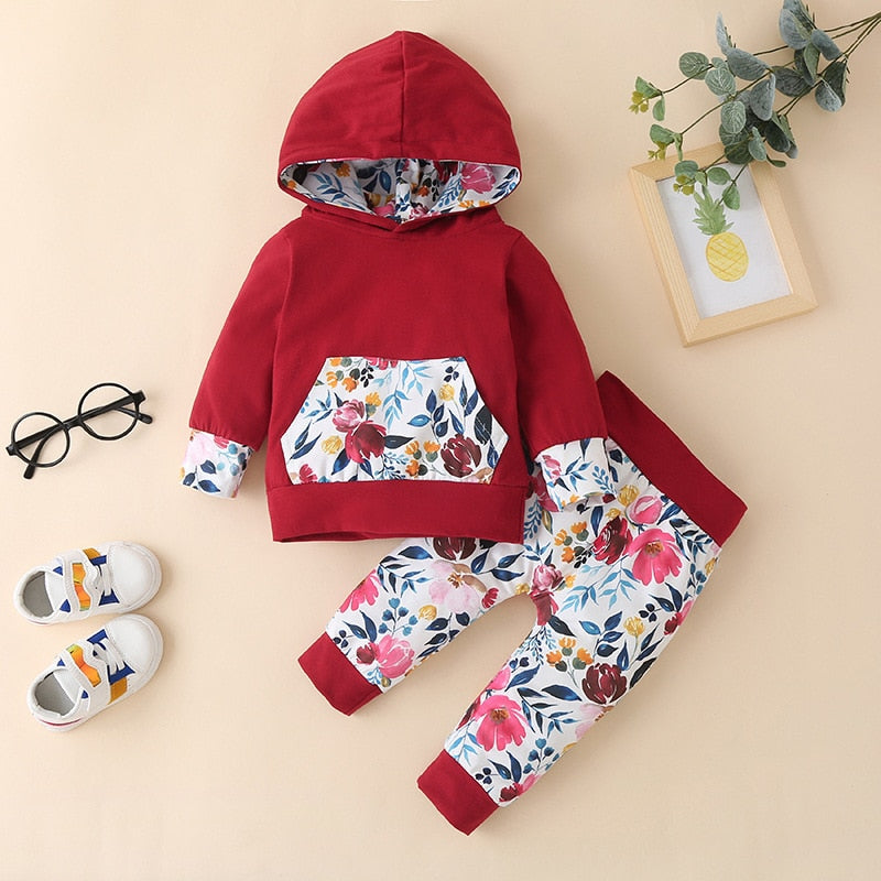 Toddler Baby Girl Clothes Set Newborn Girls Outfit White Pocket Hoodie Top + Floral Print Pants+Head