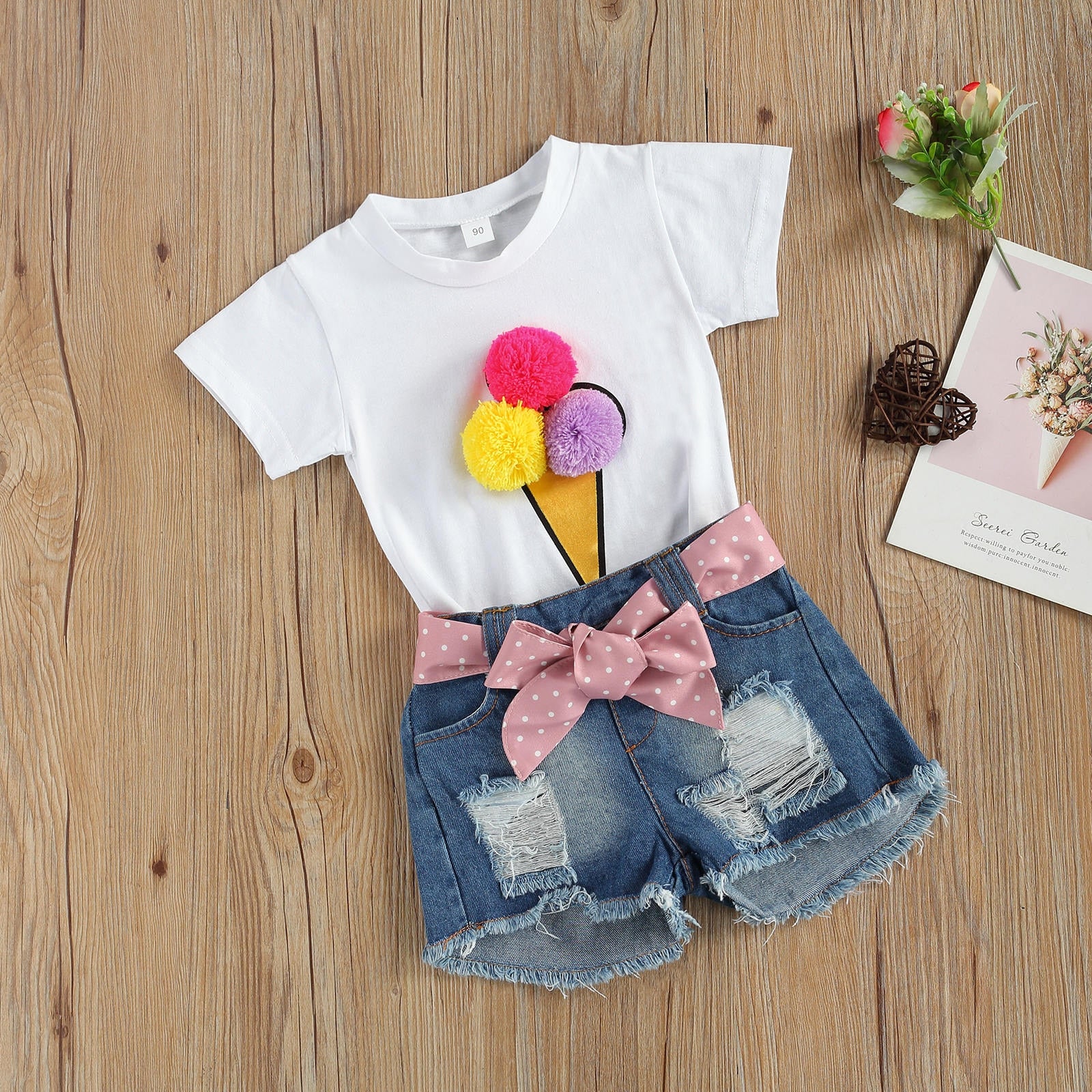 1-6Y Fashion Toddler Kids Girls Summer Clothing Sets 3D Ice Cream Short Sleeve T-shirts Tops+Belt De