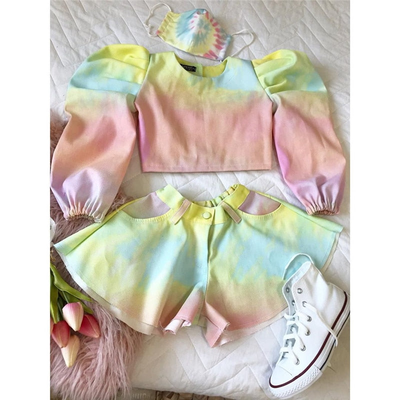 New Arrival Girls Fashion Clothes Set 2 Pieces Suit Tie-Dye Printed Long Sleeve T Shirts Tops Shorts